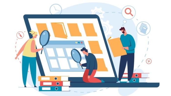 How To Research A Company Before A Job Interview How To Research A Company Before A Job Interview - Drawn image of multiple job seekers examining a laptop and business folders with a magnifying glass.